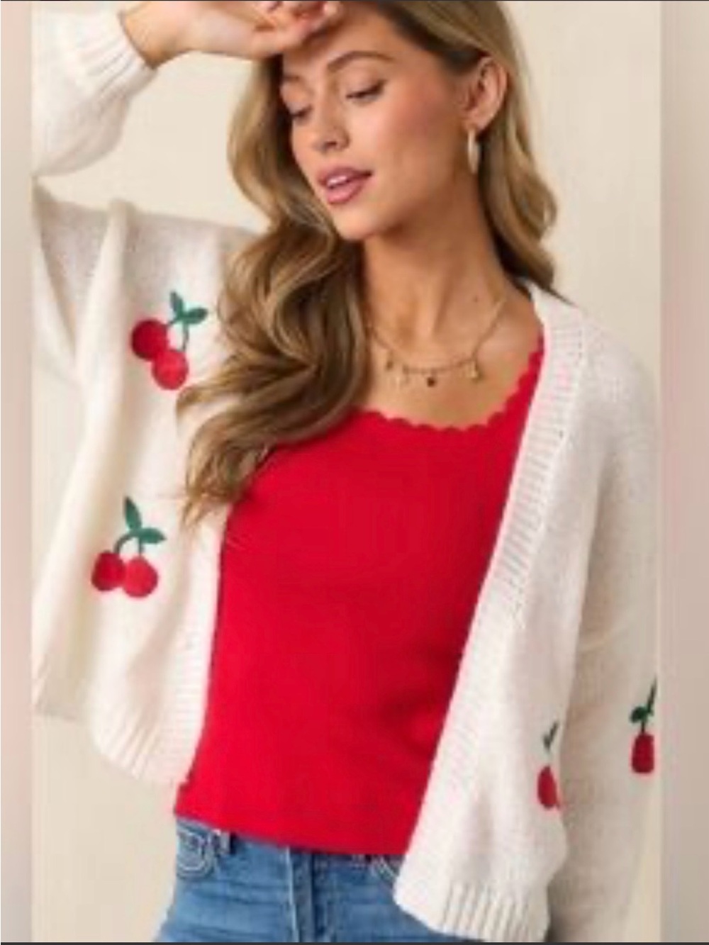 Love Tree White Cherry Embroidered Cardigan with Red Tank